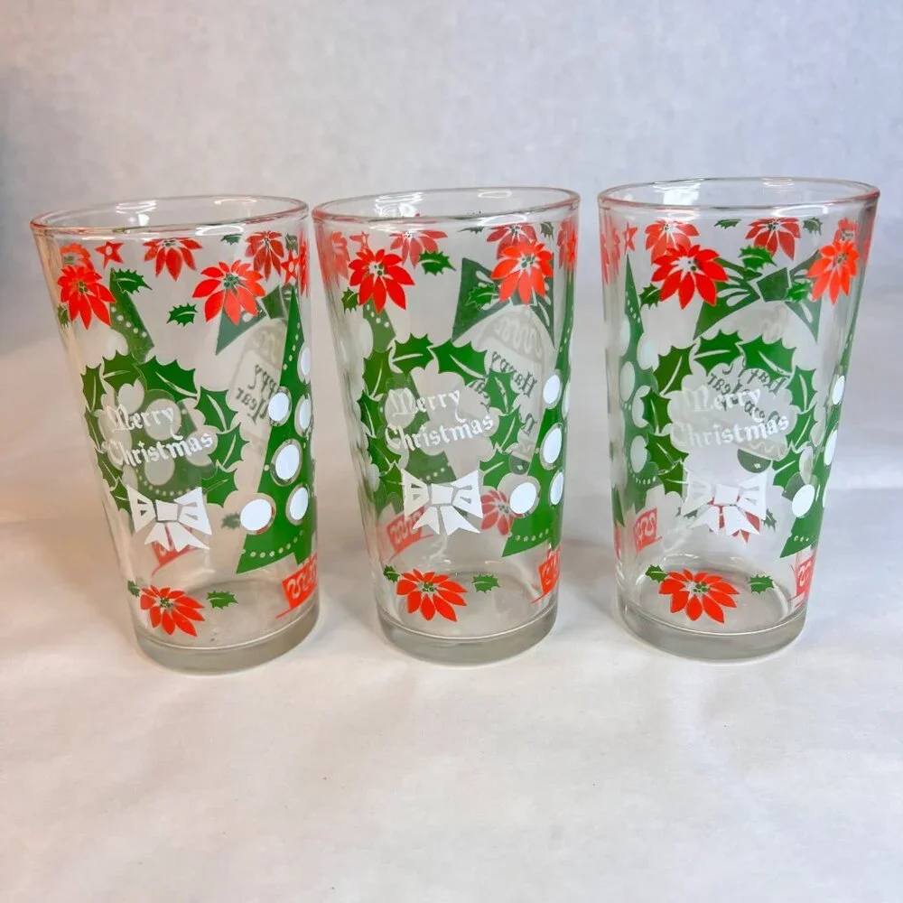 5 Vintage Hazel Atlas Tumblers Christmas Drinking Glasses Happy New Year 10 OZ‎